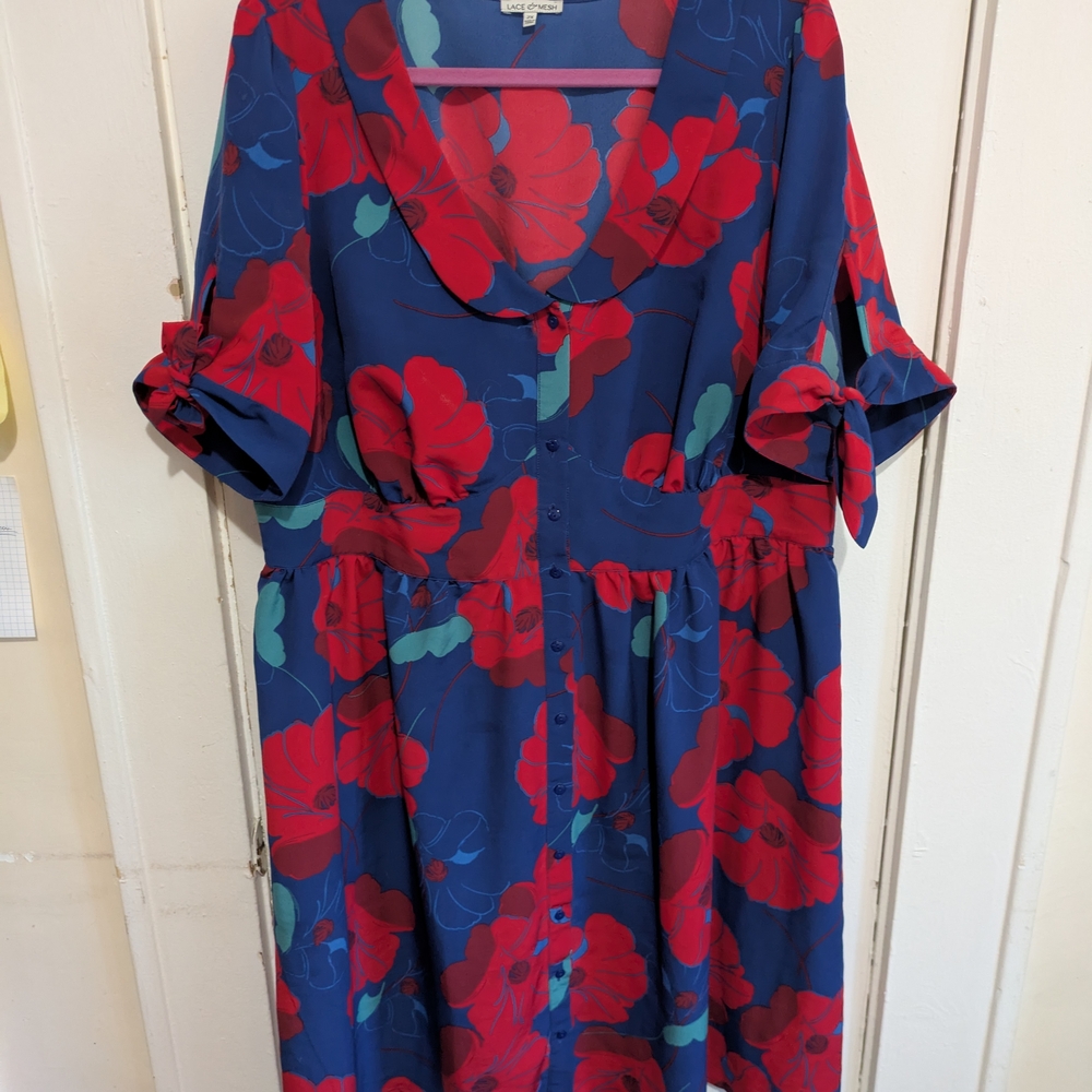 Red and Blue Ruffled Wrap Midi Sundress